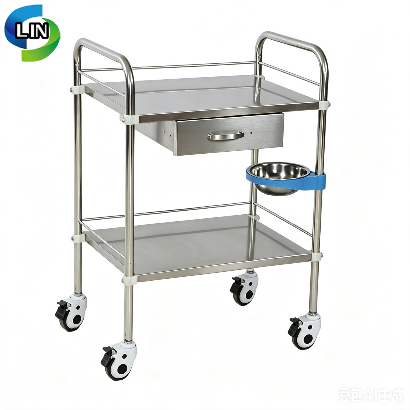 Stainless Steel Inner Frame Medical Treatment Cart with 3 Sides Guardrail and Independent Brake
