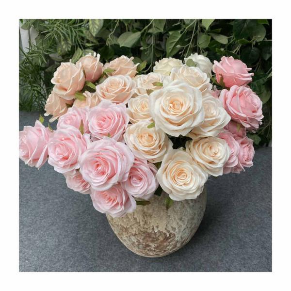 Single 9-flower Simulated Rose Bouquet with Artificial Rose Branches for Wedding Decoration and Photography Props