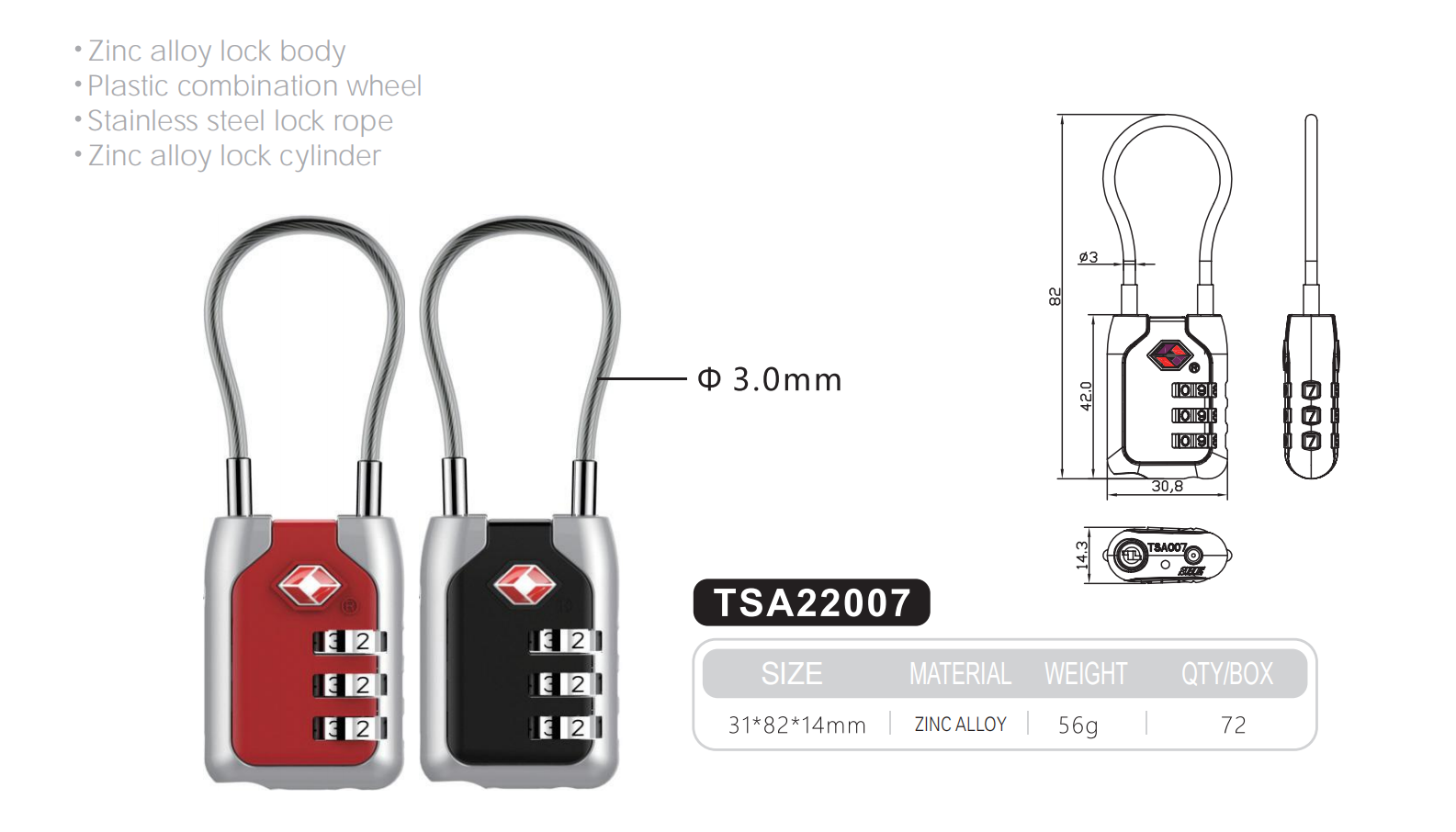 Rarlux TSA Padlock Anti-Theft Durable High Safety Zinc Alloy Luggage Suitcase Key & Password Combination Padlock