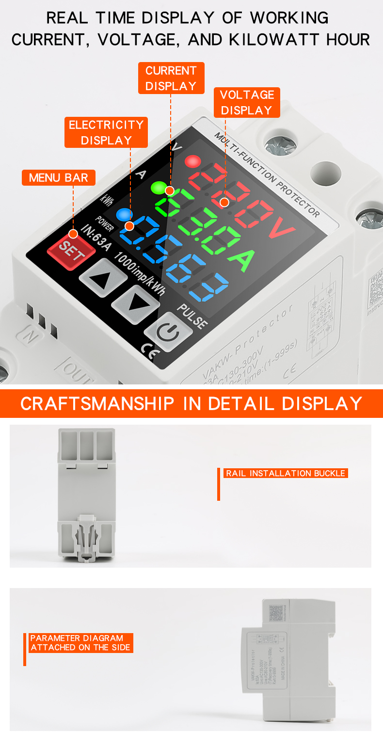DIN Rail Mount Three Phase Voltage Meter AC 80-500V Mini Modular Ammeter 0-100A LED Digital Display Indicator Frequency Meter PC