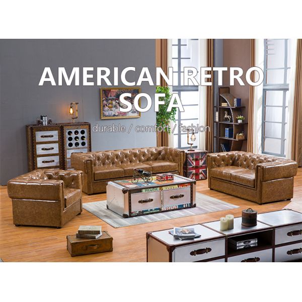 Nidea #8976 Custom American Style Three-Seat Genuine Leather Sofa Set for Villa and Hotel Living Rooms Comfortable Filled Sponge