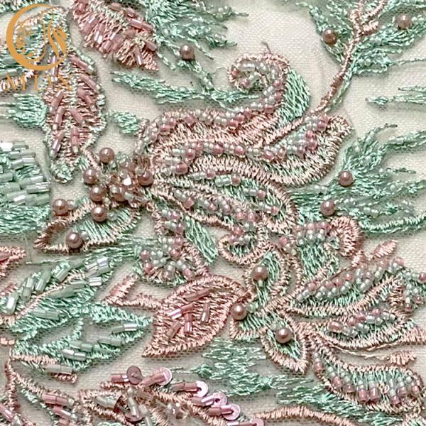 3D Hand Embroidered Beaded French Lace Fabrics Multi Color For Girls Party