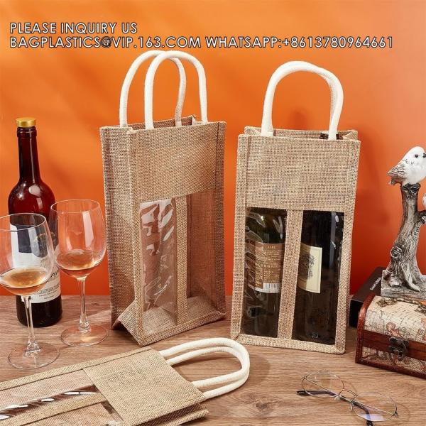 Double Window Two Bottles Burlap Jute Wine Bottle Bag Wedding, Party Favors, Christmas, Holiday And Wine Tasting