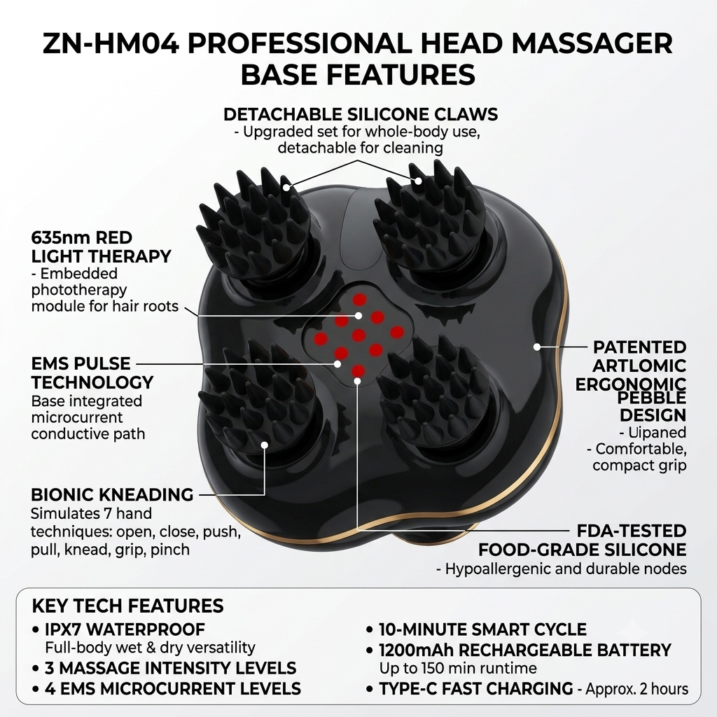 Waterproof EMS Head Massager with 635nm Red Light Therapy, Portable Electric Scalp Massager for Hair Growth & Stress Relief