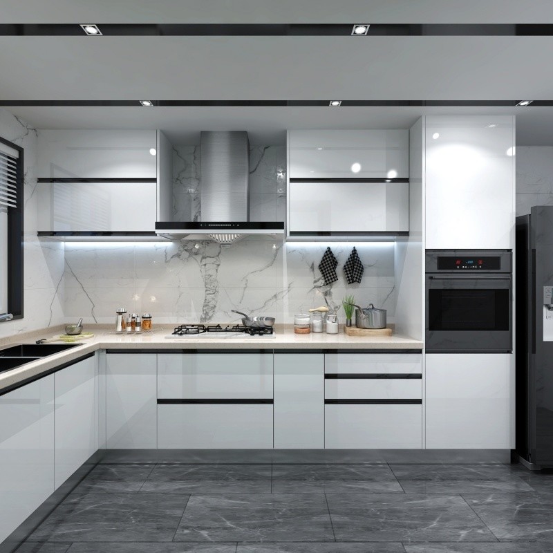 Lacquer Finished Kitchen Cabinet with Acrylic Door Panel and Quartz Stone Countertop