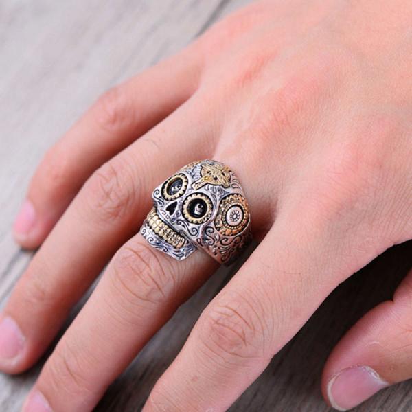 Mens Two Tone 925 Silver Skull Ring Retro Vintage Jewelry (XH052248W)