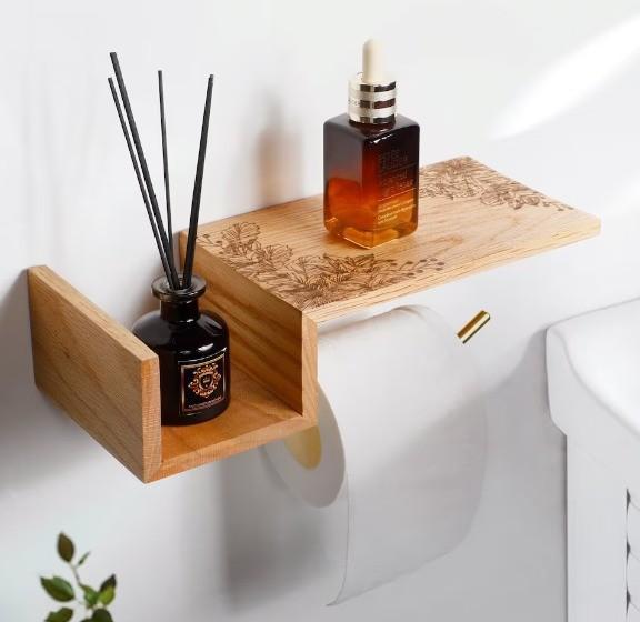 Wood Toilet Paper Holder Wooden Toilet Paper Holder with Macrame Style Phone Holder Easy Storage Wall Shelf