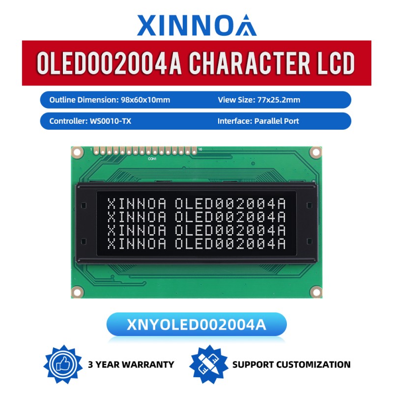 OLED002004A Black Film,Character LCD Module, WS0010-TX Controller, Parallel Port Interface, 77x25.2mm View Size, Working Temperature -40+80 Display
