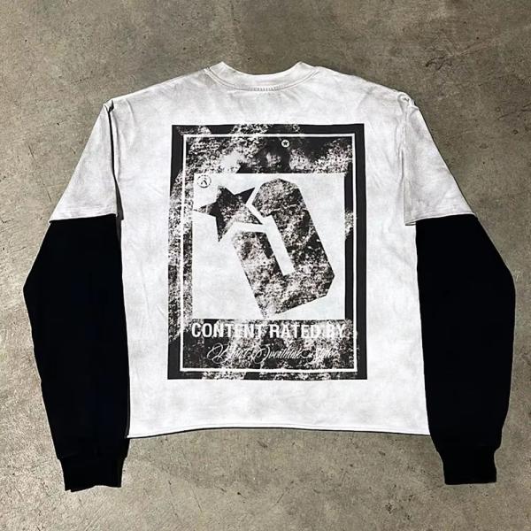 Cotton Ripped Screen Printing Long Sleeve Distressed Shirt Sun Faded Breathable