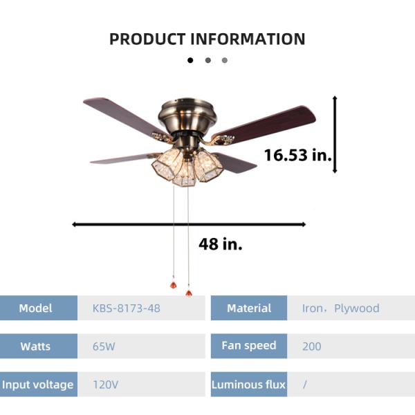 Minimalist Style Antique Brass Crystal Led Ceiling Fan 100lm/w 48inch 4 Blades