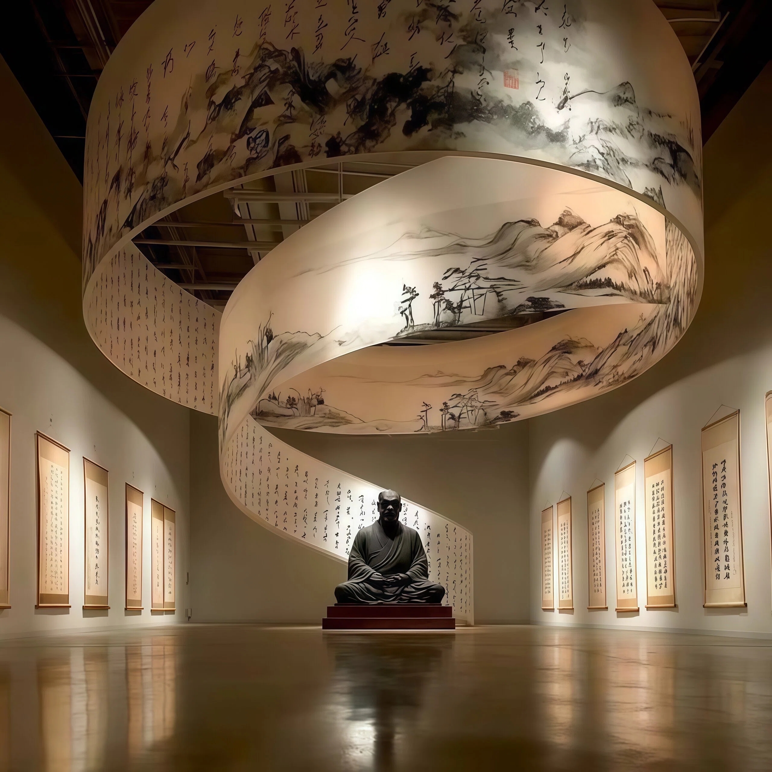 JYLIGHTING Chinese Landscape Printed PET Spiral Art Installation Light, Custom Curved Ribbon LED Sculpture Lighting for Banquet Hall & Hotel Lobby