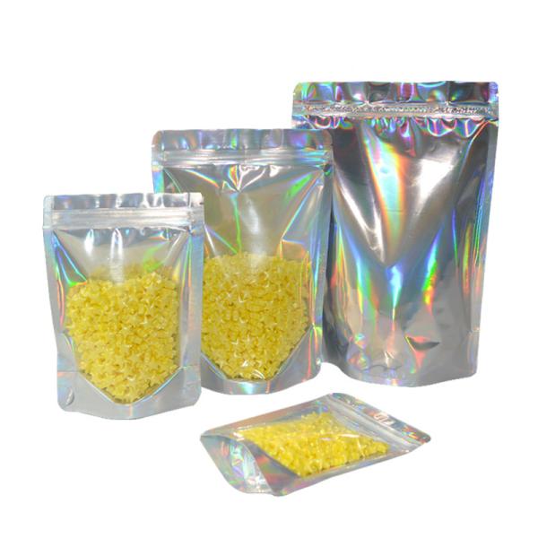 Impressão personalizada Holográfica Stand Up Pouch Mylar Zipper Bags One Side Clear para alimentos