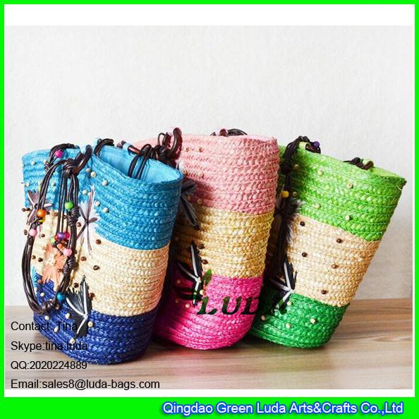 LDMC-073 hot sale summer straw bag  lady embroidery starfish beach straw bags with wooden beads