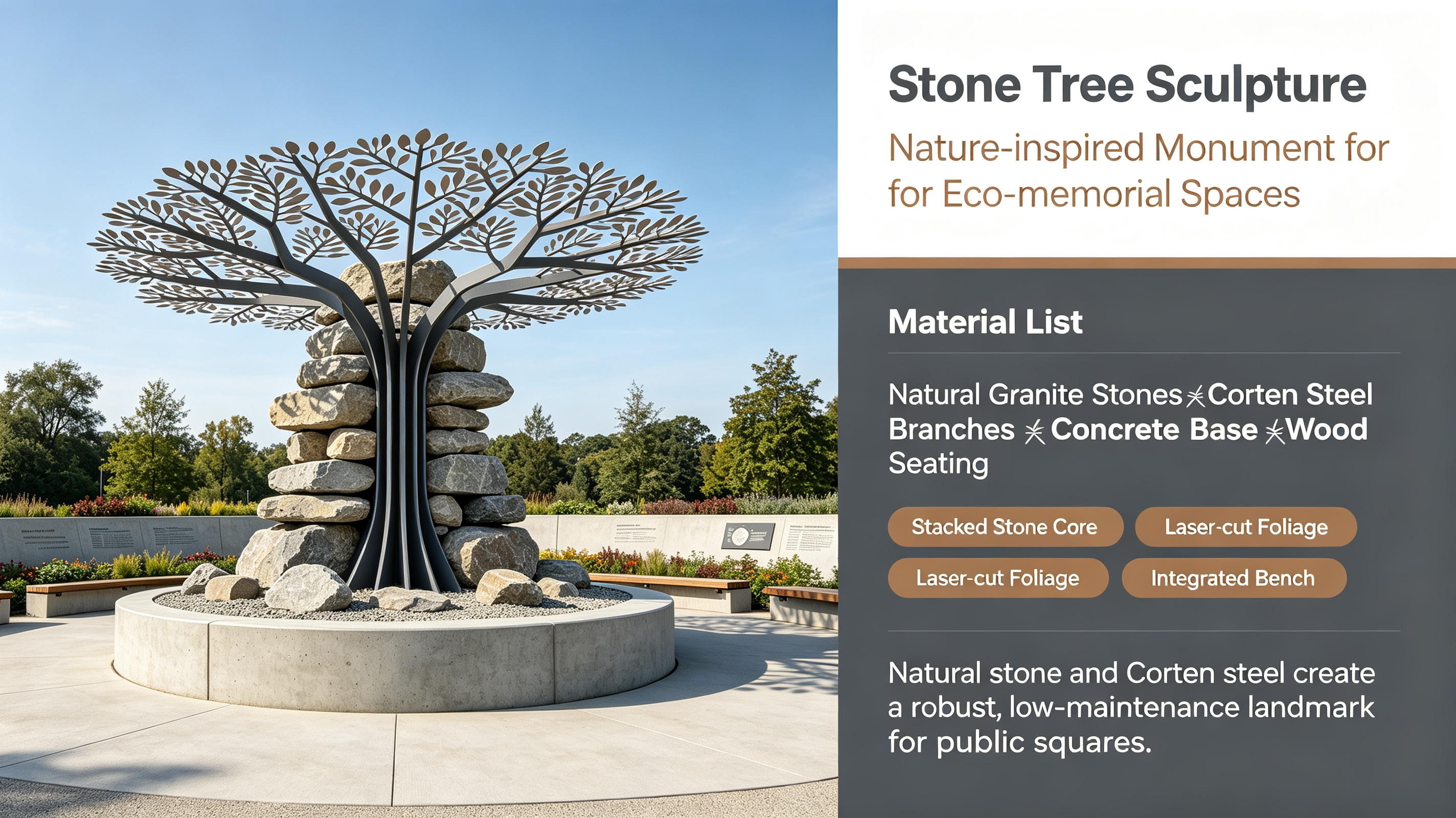 Stainless Steel Tree Sculpture with FRP Imitation Stone Stack Memorial Art Installation 3.5M High