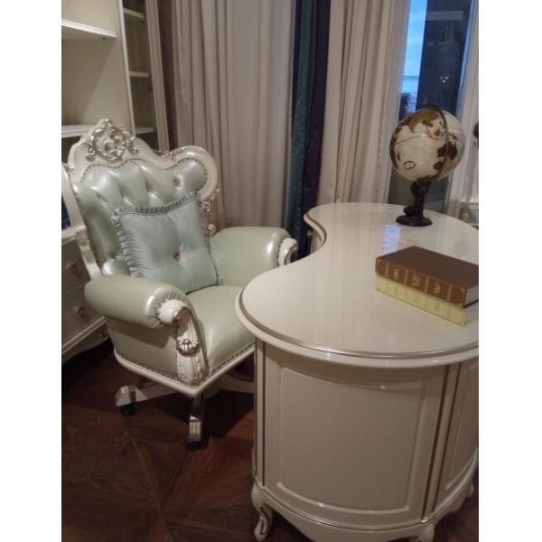 White Frame Luxury Swivel Chairs Full Solid Wood With Green Leather Material