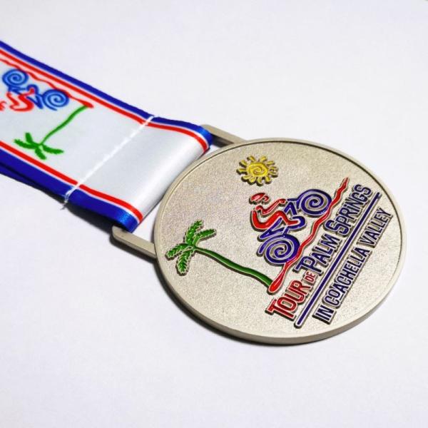 2.5 Inch Round Metal Sports Medal With Heat Transferred Ribbon Matte Nickel Finish