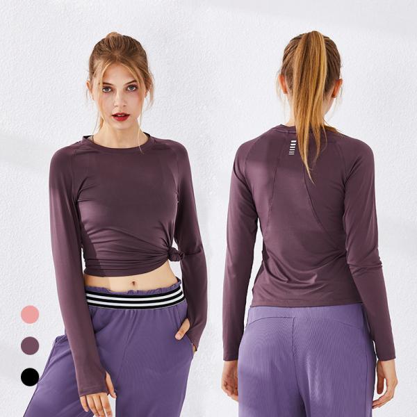Женщины Круглая шея Длинный рукав с ремнями футболка Быстрая сухая спортивная йога фитнес блузка
