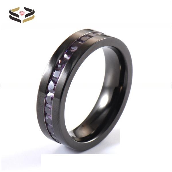 Bagues de mariage en titane avec incrustation de pierre CZ violette, bords plats plaqués noir pour hommes, 6MM