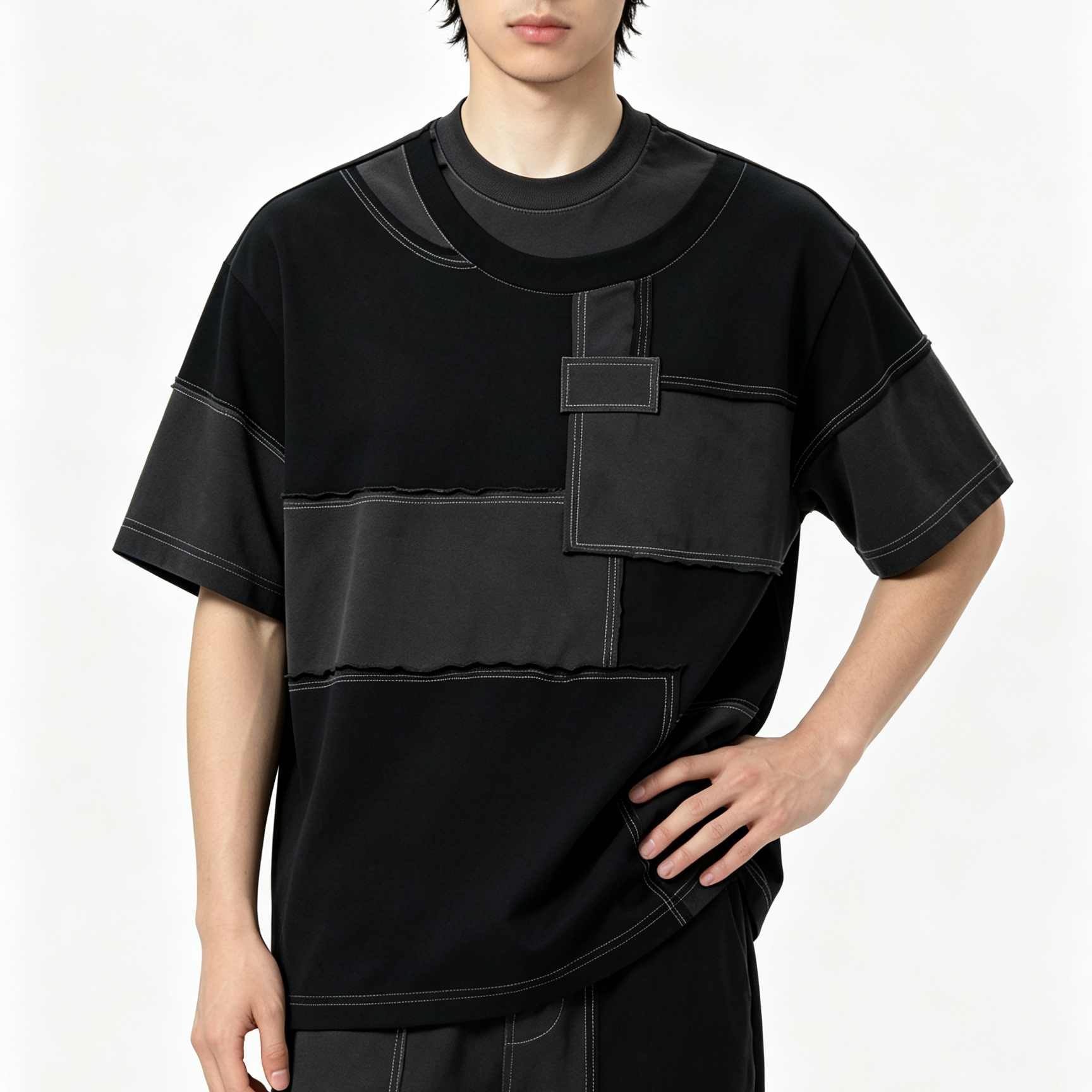 250GSM - 300GSM Basic Crew Neck Tee Patchwork Raw Edge T Shirt Drop Shoulder