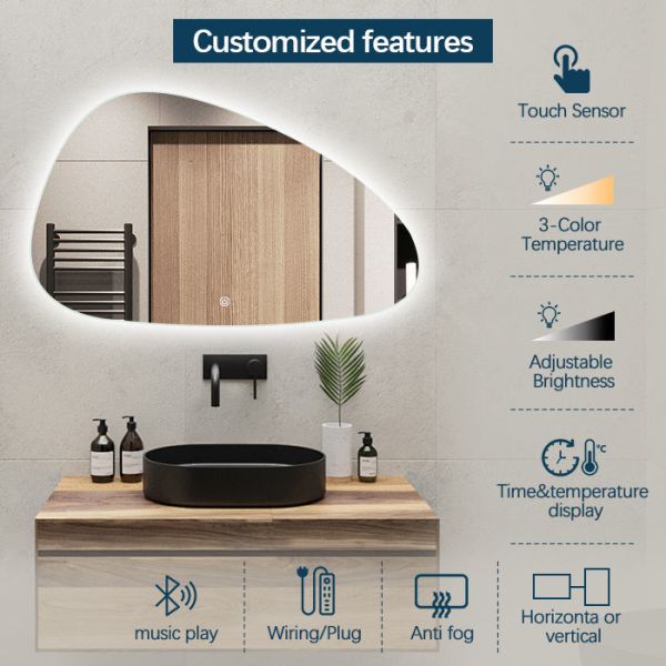 Custom Irregular Bathroom Mirror Anti Fog IP66 LED Lighted Bathroom Vanity Mirror