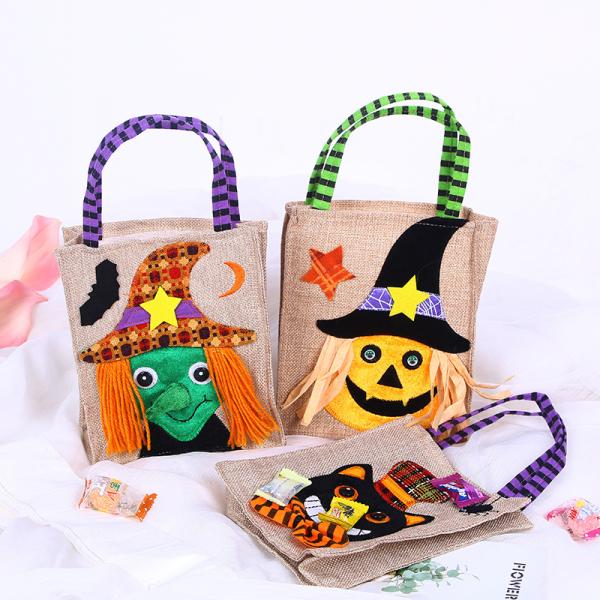Open Closure Reusable Halloween Pumpkin Witch Skeleton Linen Bag for Candy Collection