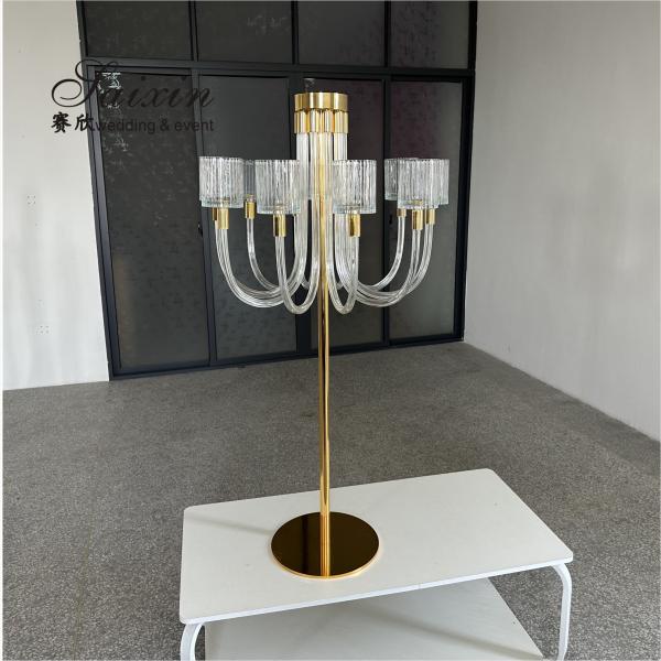 Saixin nuevo diseño gran soporte de metal de oro 10 brazos candelabro de vidrio para los centros de la boda