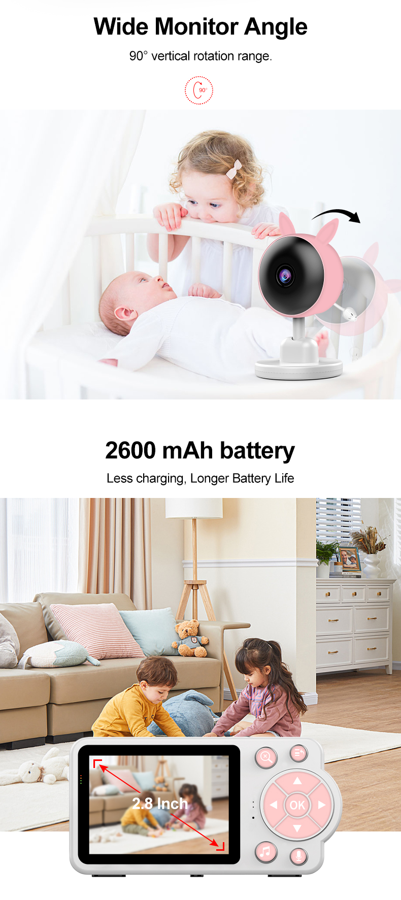 Smart Baby Pet Monitor With Camera and Audio  2.8 Inch Screen 4X Zoom Sleep Surveillance IR Night Vision Two-Way Audio(Pink)
