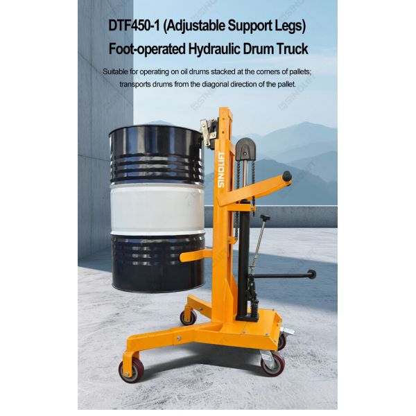 DTF450-1 Foot-Operated Hydraulic Drum Truck (Adjustable Support Legs)