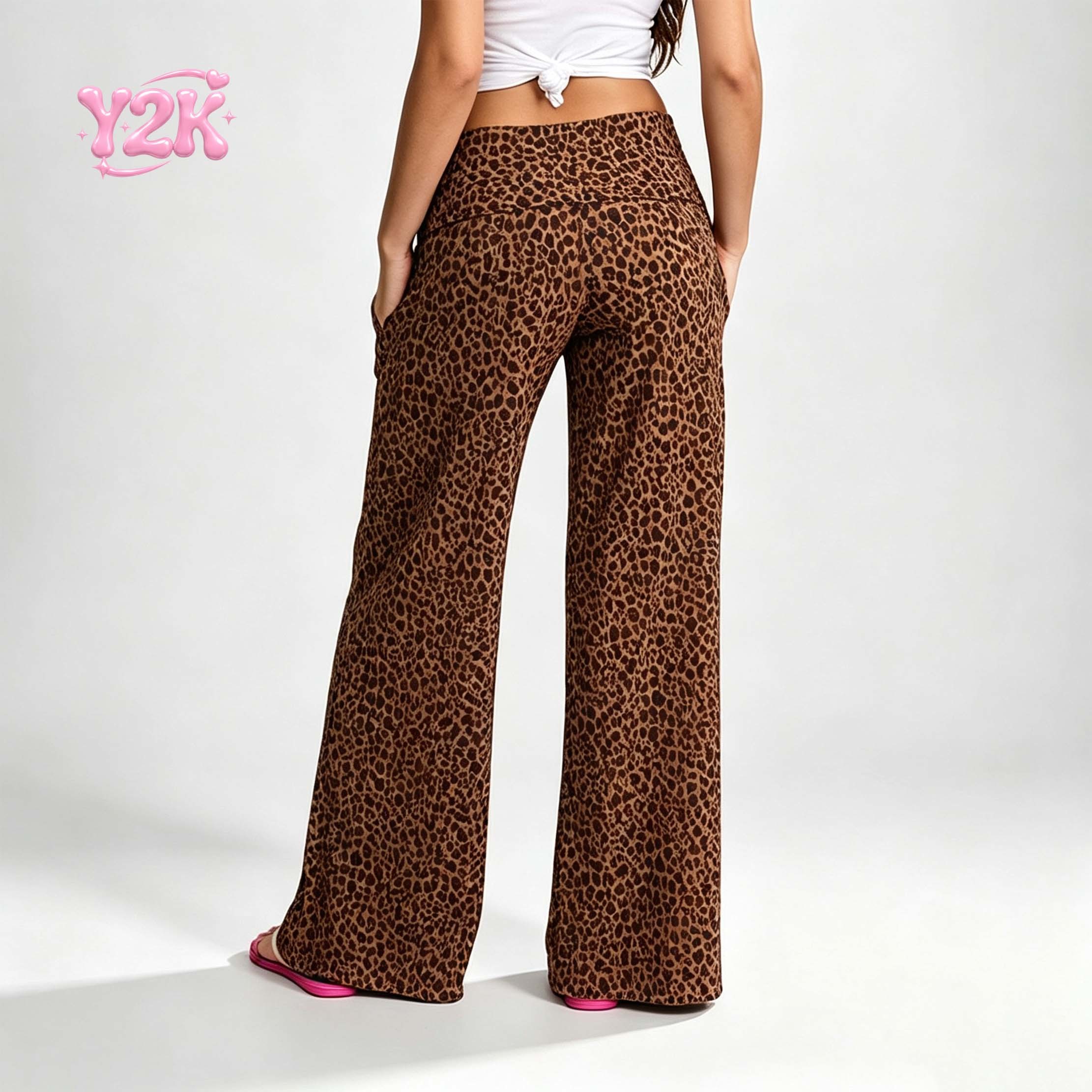 Custom Women's Leopard Print Fold Over Wide Leg Lounge Pants