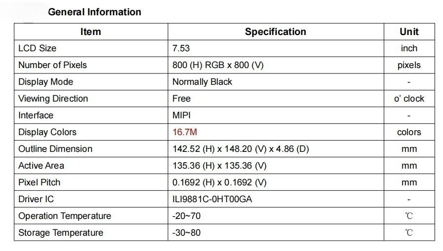1000nits Square LCD Screen 7,53 дюйма Square TFT Display 800*800 1000cd/m2