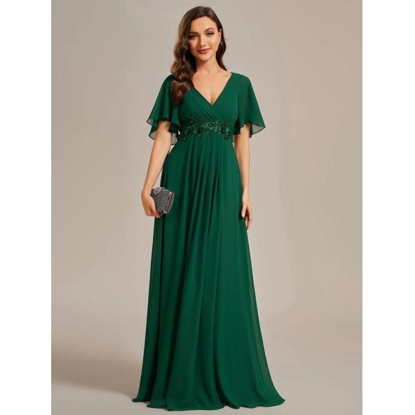 Sexy Empire Applique A-line Short Flutter Sleeves V-neck Invisible Zipper Burnt Orange Chiffon Evening Dress