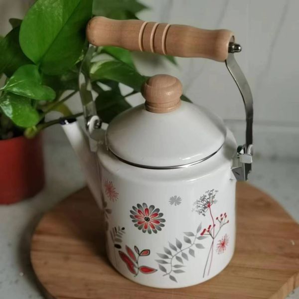 Flower Theme Enamel Tea Kettle On Steel With Wood Handle And 201 Stainless Steel Rim