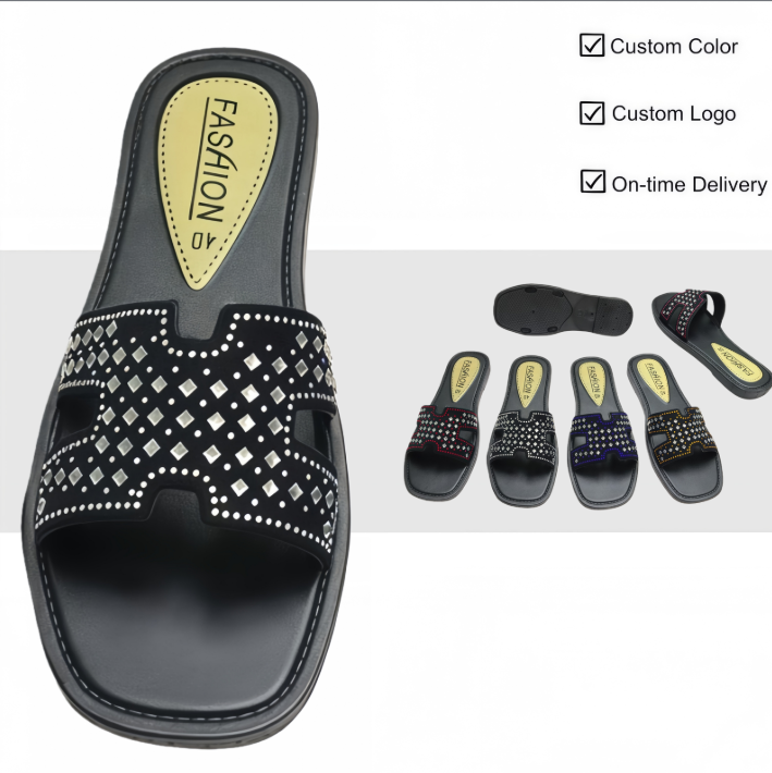 PVC Women H Cut Rhinestone Flat Slides | Factory Direct Wholesale