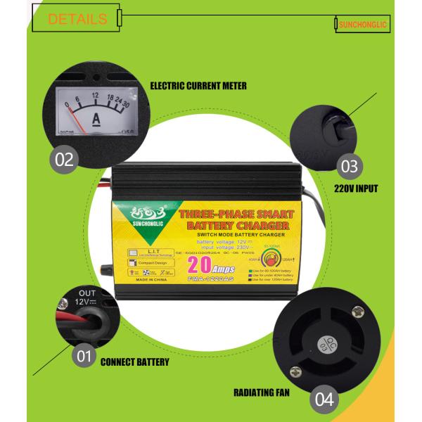 Input 250V Intelligent Lead Acid Battery Charger 12V 20A Corrosion Proof Antiwear