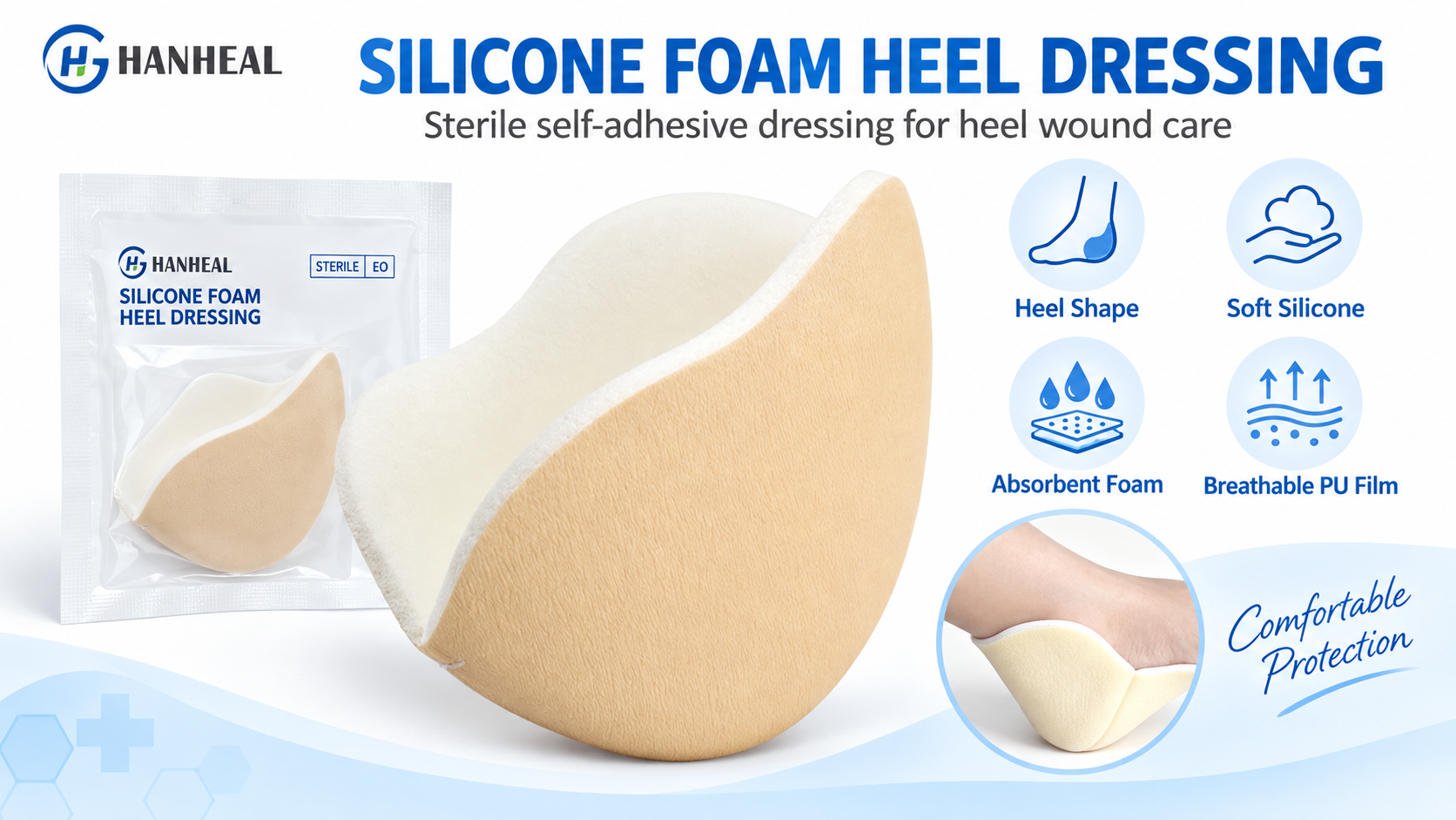 Self-Adhesive Silicone Foam Heel Dressing for Pressure Ulcers and Exuding Wounds
