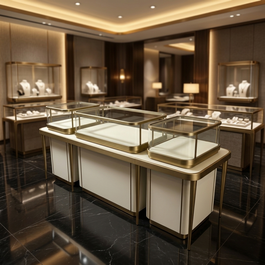 Modern Luxury Platinum Modular Jewelry Display Set: Stylish Tempered Glass Display Cases for High-End Retail Jewelry Stores