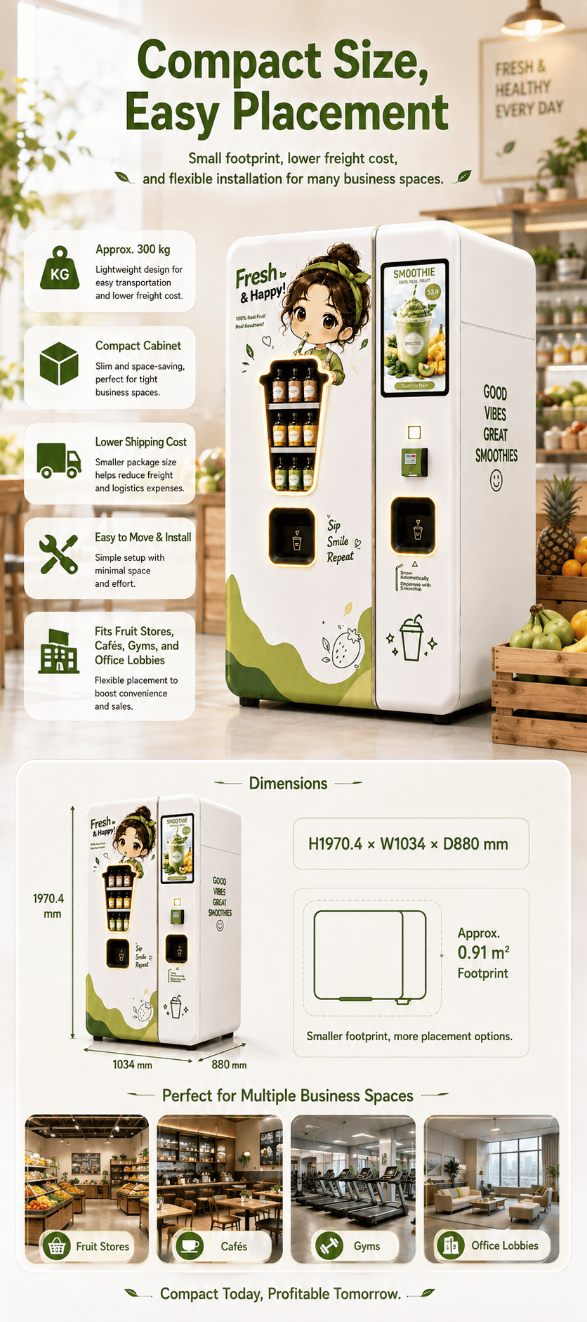 Small Fresh Smoothie Vending Machine with Automatic Blender, Smart Payment System, 21.5-Inch Touchscreen, Self-Cleaning Function for Healthy Beverage Retail Business