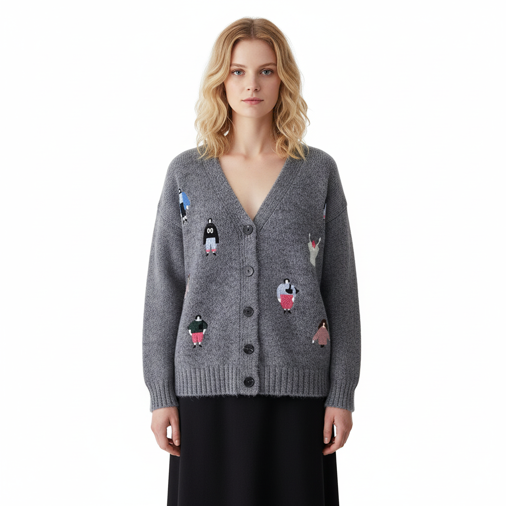 Women's Knit Cardigan with Anti-Pilling Breathable 12 GG V-neck Casual Sweater