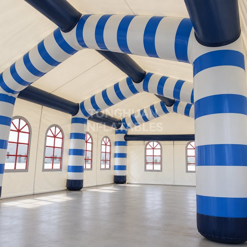 Custom Blue and White Inflatable Event Tent with Red Arched Windows for Outdoor Parties and Commercial Activities