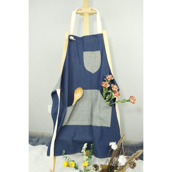 Men Women Chef Works Aprons Waterproof Cotton Webbing Strap Denim Splicing Pocket