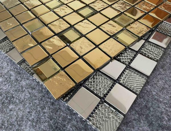 Golden Silver Metal Glazed Glass Mosaic Tiles 300x300mm