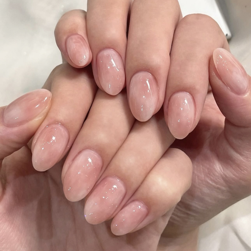 Nude Pink Gradient Solid Color Press On Nails Waterproof Oval False Nails