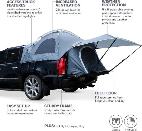 72''Inch Grey Pickup Camping Tent 4-Season 2-Person Fiberglass Pole Waterproof Coated Polyester With Mesh Windows