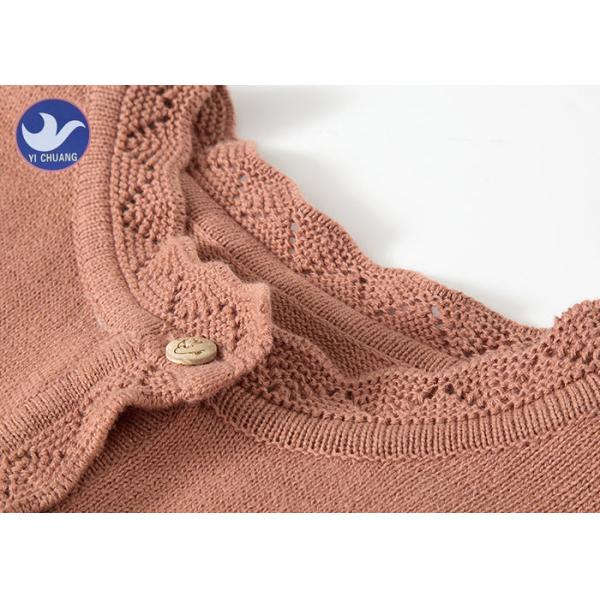 Long Sleeves Girls Cardigan Sweaters Wavy Pointelle Neck Trim Buttons Up Knitwear