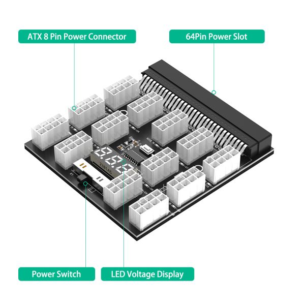 Upgrade Version ATX Power Supply Breakout Board with 1200W Power Support Digital Temperature and LED Voltage Display for Mining