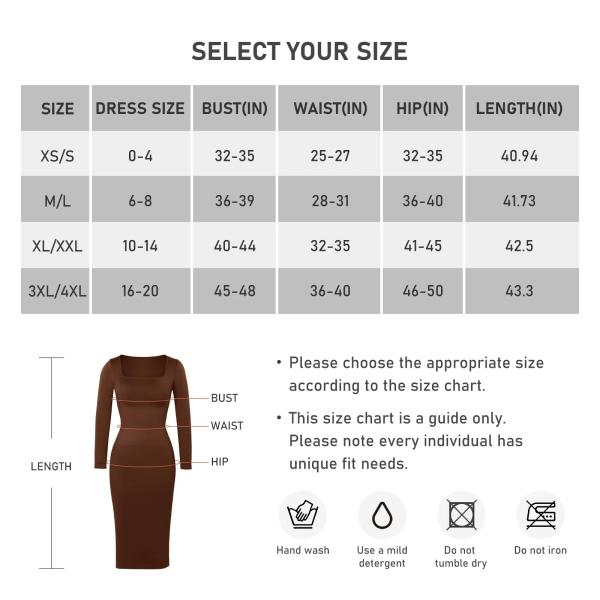 Elastic Waist Knitted Square Neck Long Sleeve Sling Summer Midi Bodycon Shapewear Dress