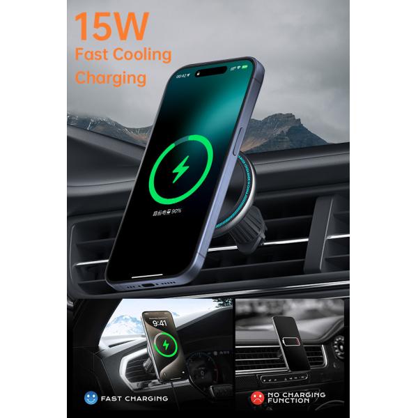 Iphone 15 Pro Max Charger Magnetic Wireless Car Phone Holder With Metal Running Light And Logo Carving Option