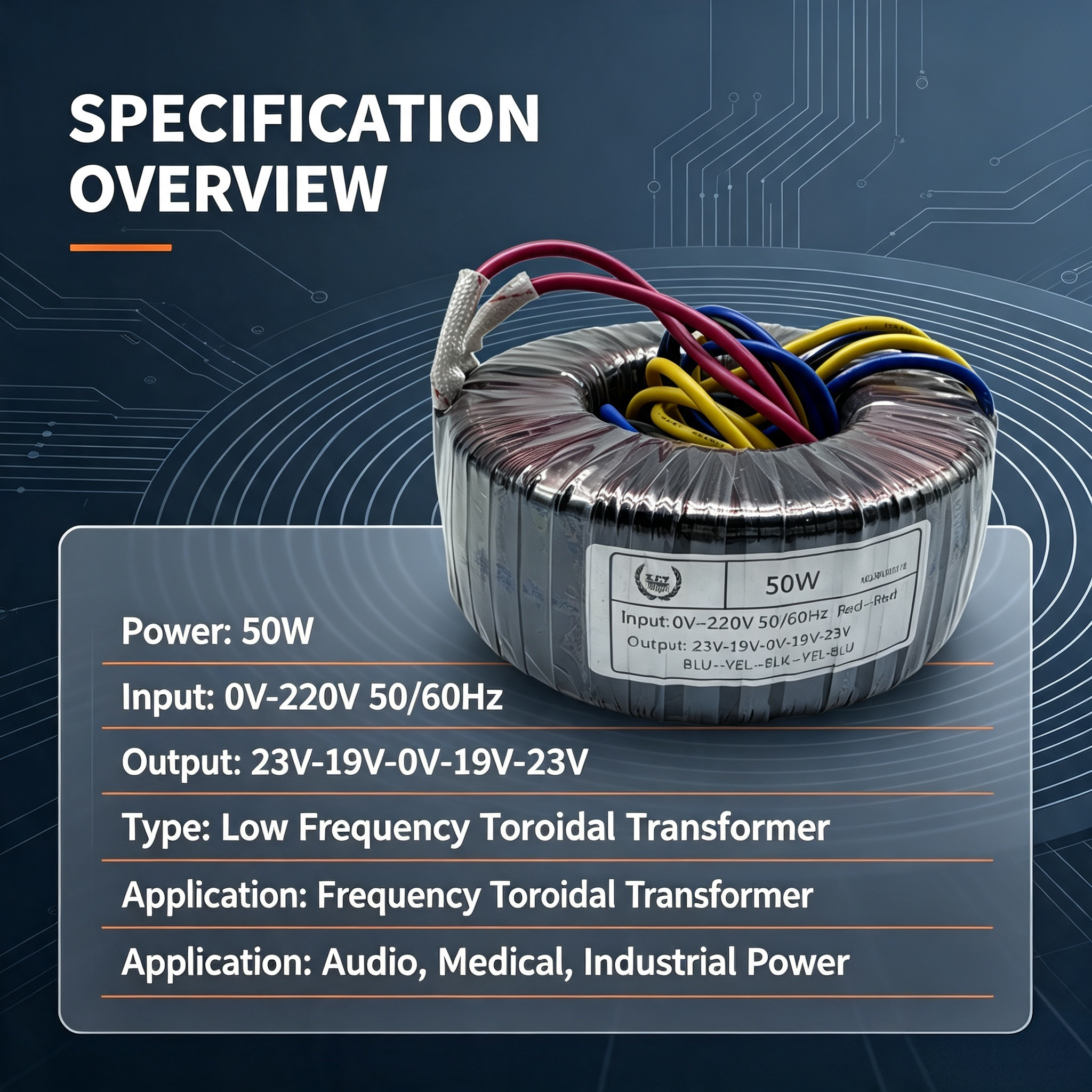 50W Toroidal Transformer 220V Input Low Noise Design for Hi-Fi Audio Amplifier and Professional Equipment