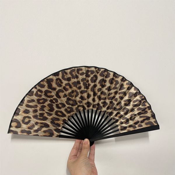 Customized Logo Bamboo Folding Hand Fan Leopard Print Pattern Sublimation Technique for Wedding Dancing Clack Bamboo Crafts