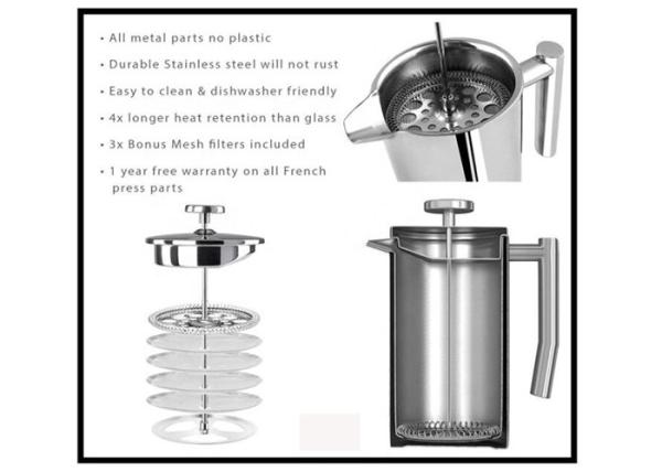 Stainless Steel French Press Pot Laser Logo SS304 800ml / 1000ml